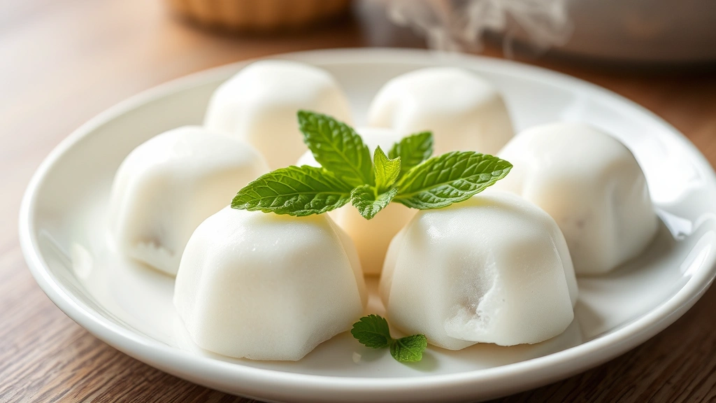 Close-up of fresh mochi pieces with subtle steam, artfully arranged on a white ceramic plate with fresh mint leaves, soft natural lighting, minimalist food photography style