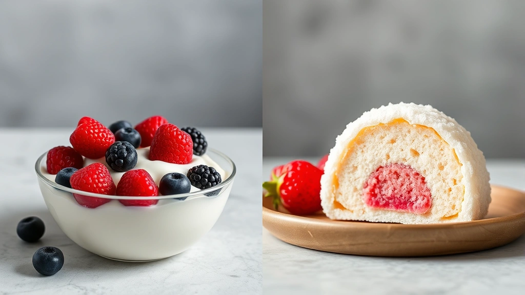 Split-screen comparison: Greek yogurt with berries on left side, mochi piece on right side, neutral background, professional food photography styling