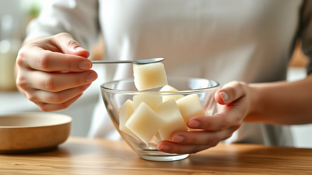 Woman measuring portions of mochi into a small glass bowl, hands visible, bright kitchen setting, emphasizing portion control and mindful eating practices