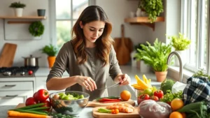 Woman in bright kitchen preparing colorful fresh vegetables and lean proteins, natural daylight streaming through windows, healthy meal prep scene