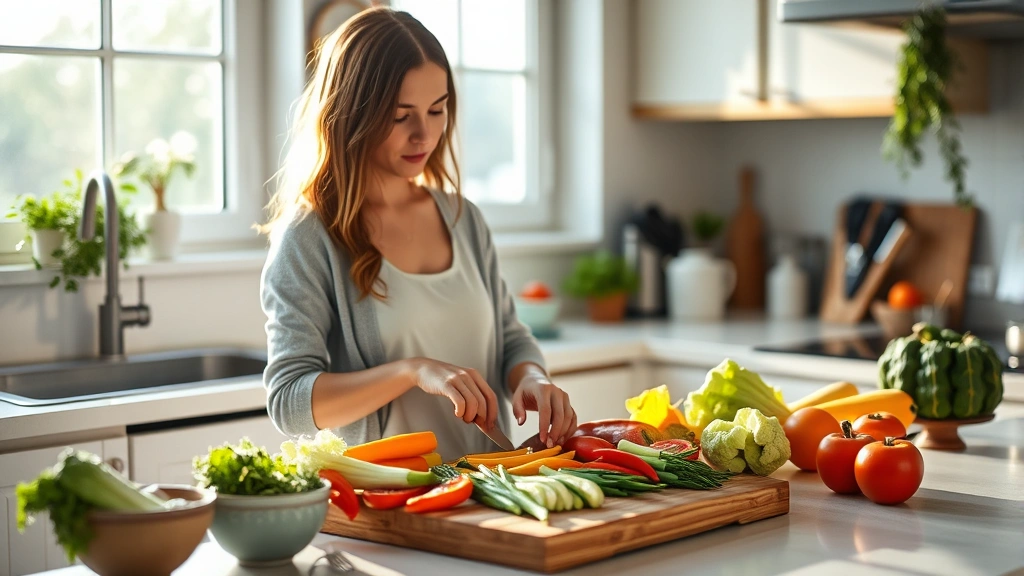 Woman in bright kitchen preparing colorful fresh vegetables and lean protein on wooden cutting board, natural morning light streaming through window, healthy meal preparation scene