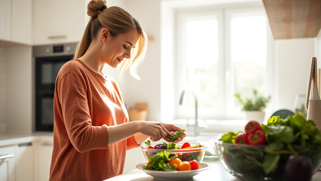 Woman in bright kitchen preparing colorful salad with fresh vegetables, natural morning light streaming through windows, healthy eating lifestyle photography