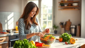 Woman in bright kitchen preparing colorful salad with fresh vegetables, natural light streaming through window, healthy ingredients on counter, warm and inviting atmosphere, photorealistic lifestyle photography