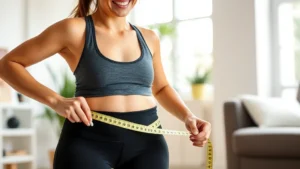 Professional woman in athletic wear measuring her waist with measuring tape, smiling confidently in bright home setting with natural lighting
