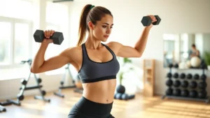 Woman in athletic wear performing compound exercises with dumbbells in bright, modern home gym with natural light streaming through windows