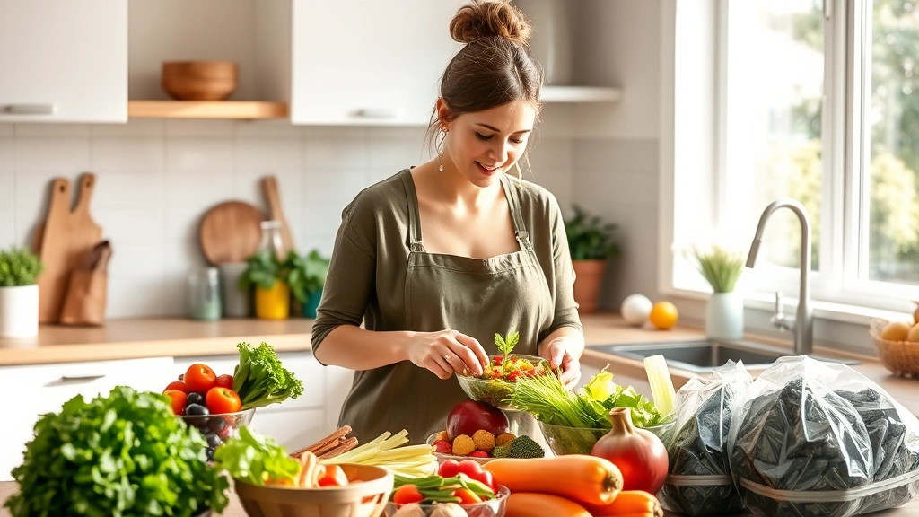 Woman preparing fresh salad with colorful vegetables in bright modern kitchen, natural sunlight streaming through windows, healthy whole foods displayed