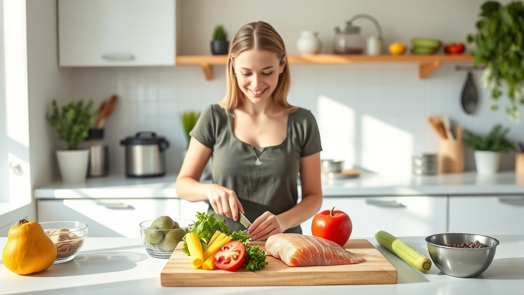 Woman in bright kitchen preparing colorful vegetables and lean protein on cutting board, natural lighting, healthy meal prep setup