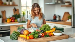 Woman preparing colorful whole foods in modern kitchen with fresh vegetables, lean proteins, and herbs on wooden cutting board, natural morning lighting