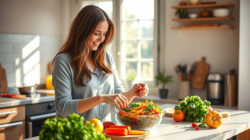 Woman in bright kitchen preparing colorful salad with fresh vegetables, natural light streaming through window, healthy ingredients on counter, warm and inviting atmosphere, photorealistic lifestyle photography