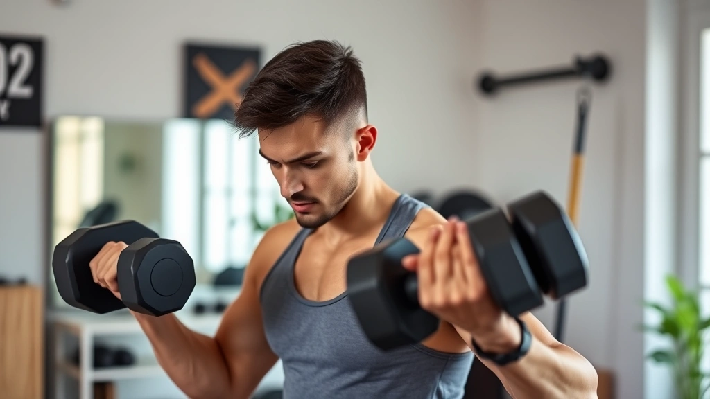 Person doing strength training with dumbbells in home gym setting, focused expression, athletic wear, motivated fitness environment