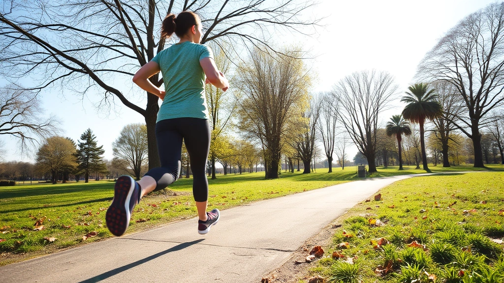 Active person jogging through a scenic park on a sunny day with trees and natural landscape, demonstrating outdoor cardiovascular exercise and fitness