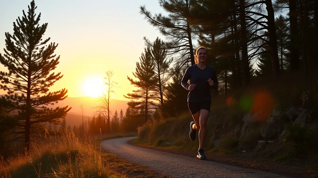 Person jogging on scenic outdoor trail during sunrise, surrounded by trees and natural landscape, fit and energetic, positive wellness moment captured