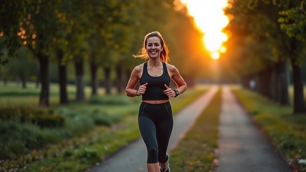 Person jogging outdoors on tree-lined path during golden hour sunset, athletic wear, joyful expression, nature-based fitness and wellness imagery
