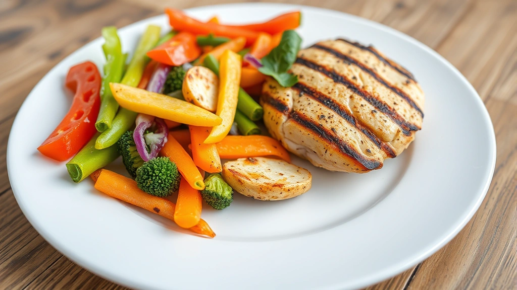 Close-up of colorful fresh vegetables and grilled chicken breast on white plate, wooden table, natural daylight, nutritious meal presentation