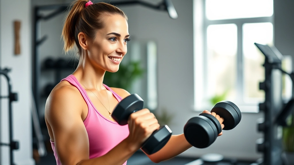 Woman doing strength training with dumbbells in bright home gym