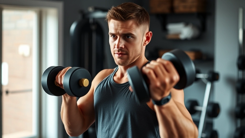 Person performing resistance training with dumbbells in home gym, focused expression, proper form demonstrated, natural lighting, fitness equipment visible