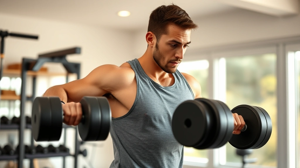 Person performing compound exercise with dumbbells in bright home gym, focused expression, athletic wear, showing proper form and strength training