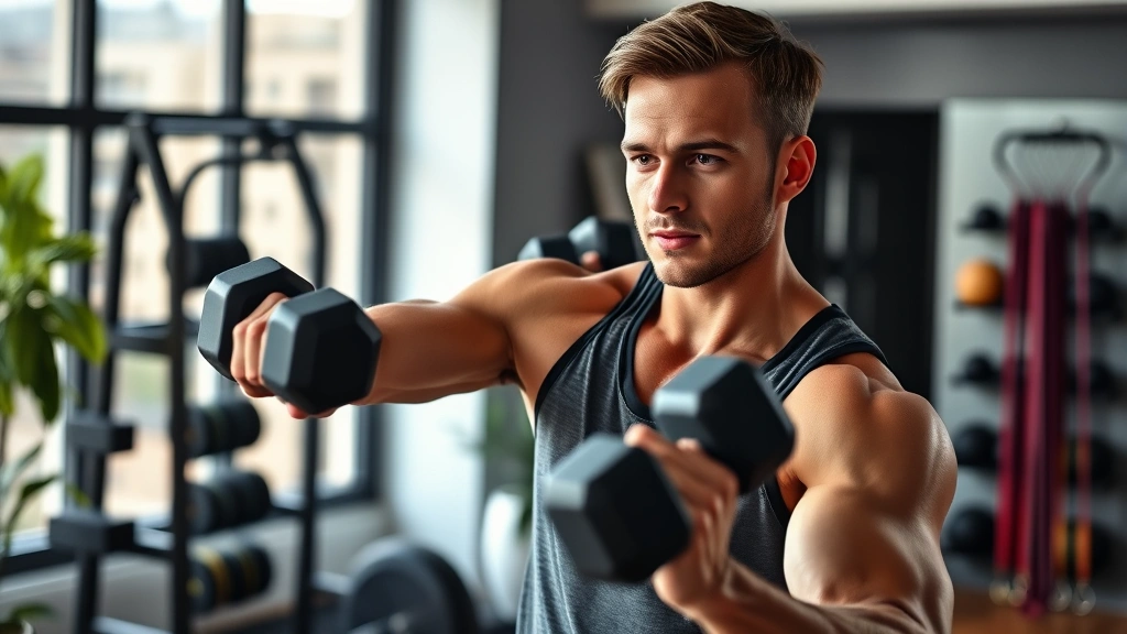 Person doing strength training with dumbbells in modern home gym, focused expression, natural lighting, dumbbells and resistance bands visible, energetic and empowering mood, photorealistic fitness photography