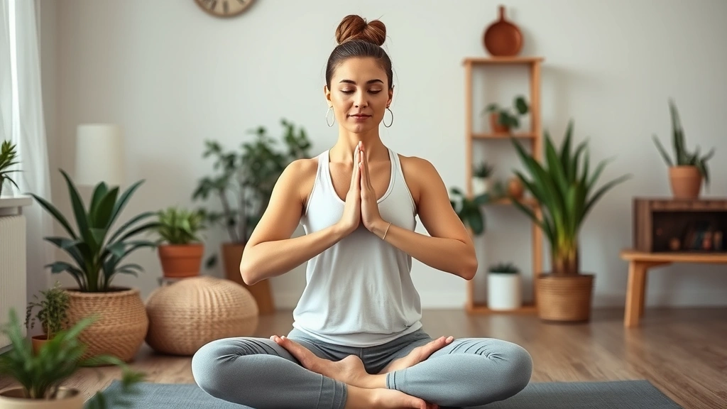 Woman practicing yoga or meditation in calm home environment with plants, peaceful indoor setting, demonstrating mental wellness and stress management