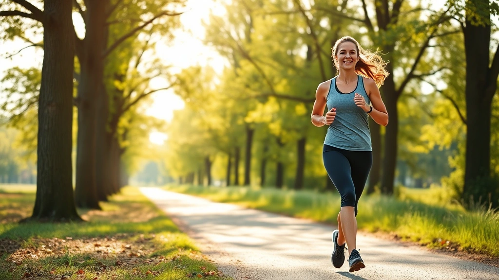 Woman jogging outdoors on tree-lined path, morning sunshine, athletic posture, healthy smile, nature background, fitness in motion