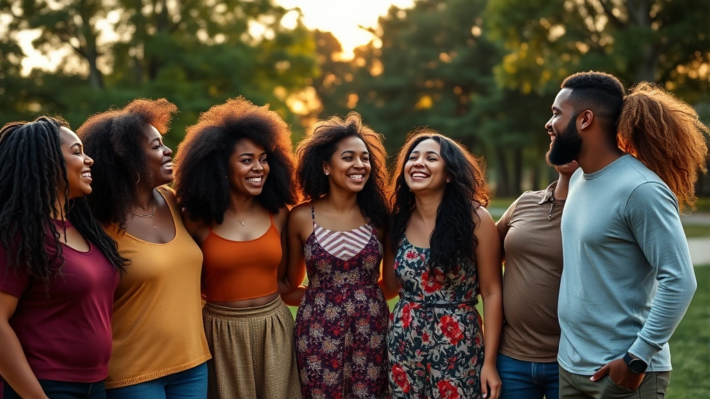 Group of diverse people of different body types laughing together outdoors in park during golden hour, celebrating healthy lifestyle