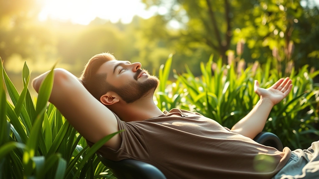 Person relaxing outdoors in natural sunlight surrounded by green plants and trees, embodying wellness and mental health