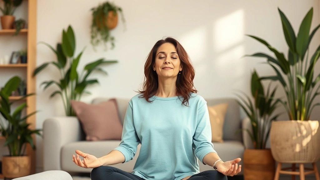 Woman meditating peacefully in comfortable home setting with plants, serene atmosphere, wellness and mental health focus