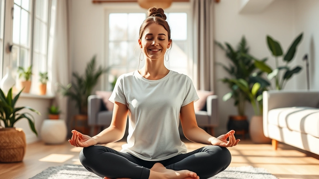 Woman meditating peacefully in bright living room with natural sunlight, calm expression, wellness environment with plants and comfortable seating