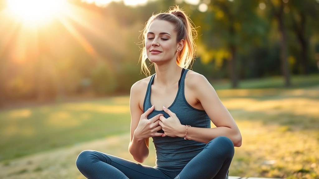 Woman sitting peacefully outdoors in morning sunlight, looking calm and determined, hands on heart, wearing comfortable athletic clothes, natural park background, soft golden hour lighting