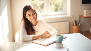 Woman journaling with coffee in bright morning sunlight, smiling peacefully while writing in a notebook at a clean desk, warm natural lighting, wellness atmosphere
