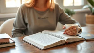 Woman journaling with inspirational words visible, natural morning light, coffee cup on desk, peaceful wellness space, photorealistic