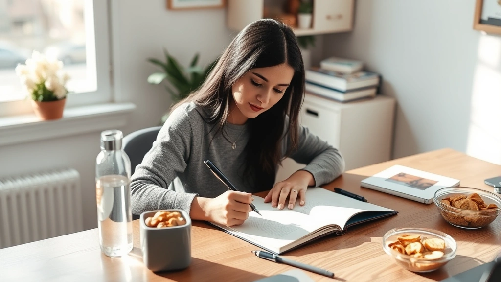 Person journaling at a cozy desk with water bottle and healthy snacks nearby, pen in hand, natural window light, peaceful home workspace, focused expression