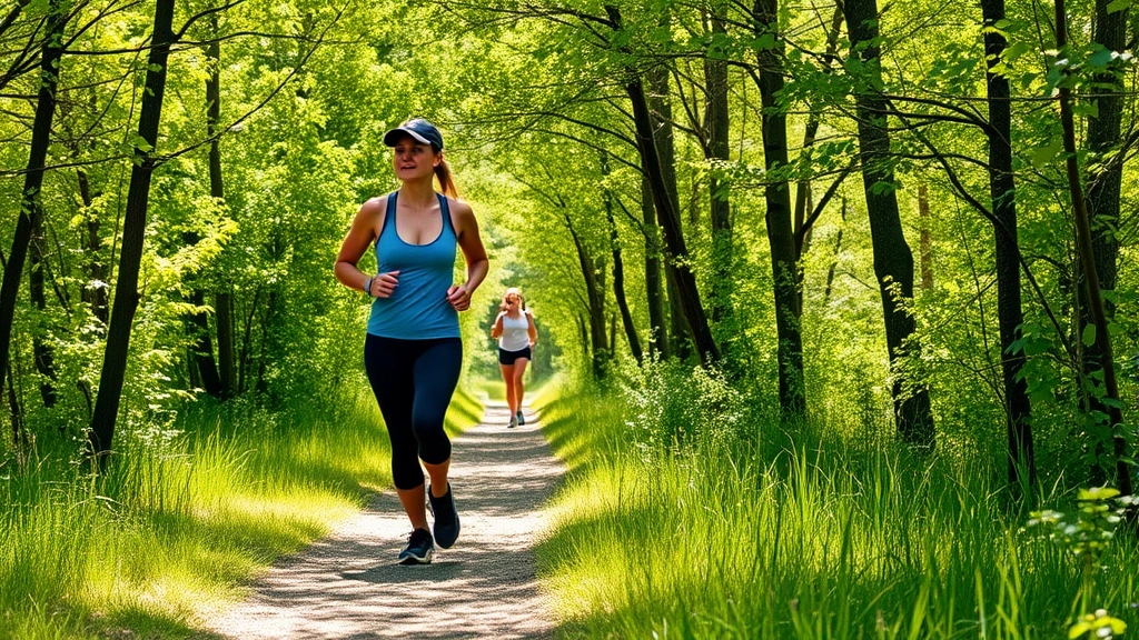 Person walking on a scenic trail through green trees, wearing comfortable athletic wear, mid-stride with confident posture, dappled sunlight filtering through leaves