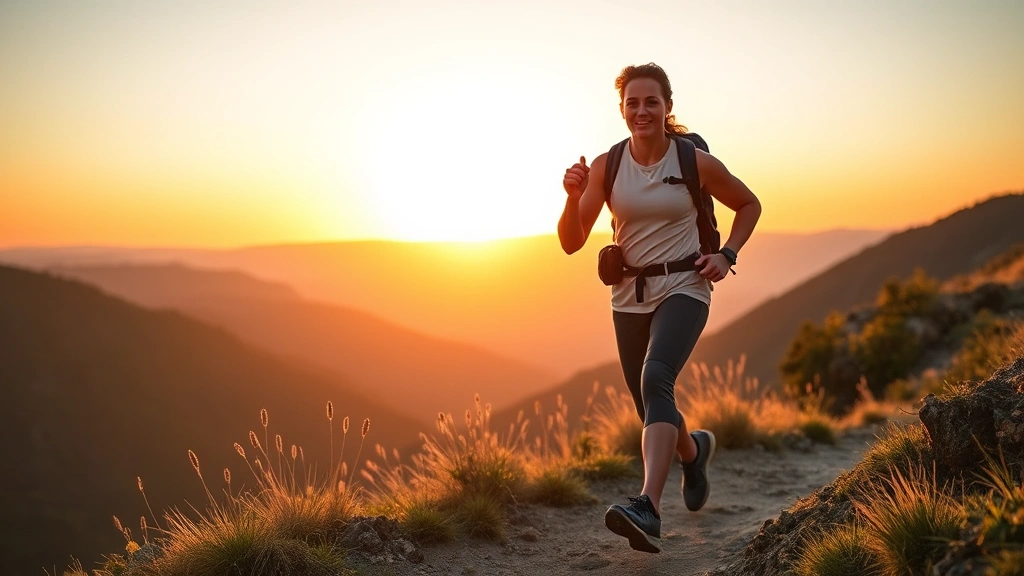 Person hiking on scenic trail with confidence and strength, sunrise backdrop, athletic wear, demonstrating active lifestyle commitment, photorealistic