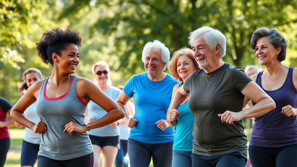 Group of diverse people of various ages doing outdoor fitness activity together in park, smiling and encouraging each other, sunny day, green trees, authentic community support