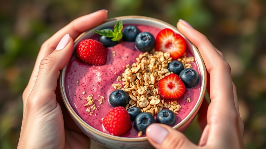 Close-up of hands holding a colorful smoothie bowl with fresh berries and granola, natural outdoor setting with soft focus background, vibrant and nourishing appearance