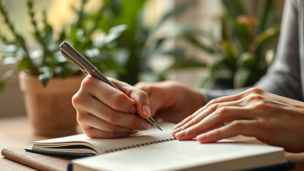 Close-up of hands writing goals in notebook with plants in background, warm natural lighting, wellness journaling moment, photorealistic