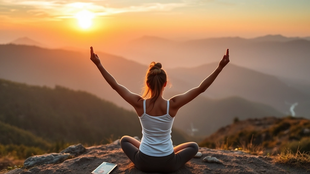 Woman in peaceful meditation pose in mountain setting at sunrise, serene expression, natural outdoor environment, health and wellness focus
