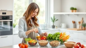 Professional woman in bright modern kitchen preparing fresh salad with colorful vegetables, whole grains in bowls, natural window light, healthy food preparation scene