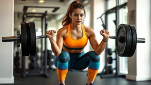 Woman in bright fitness attire doing barbell squats in modern gym, focused expression, natural lighting, demonstrating strength training form