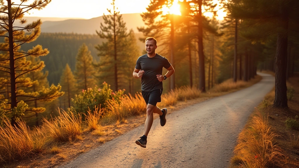 Athletic person jogging on scenic outdoor trail surrounded by trees during golden hour, energetic posture, natural landscape background, wellness lifestyle