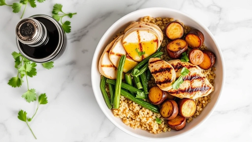 Overhead shot of nutritious meal bowl with grilled chicken breast, quinoa, roasted vegetables, and olive oil drizzle on marble countertop