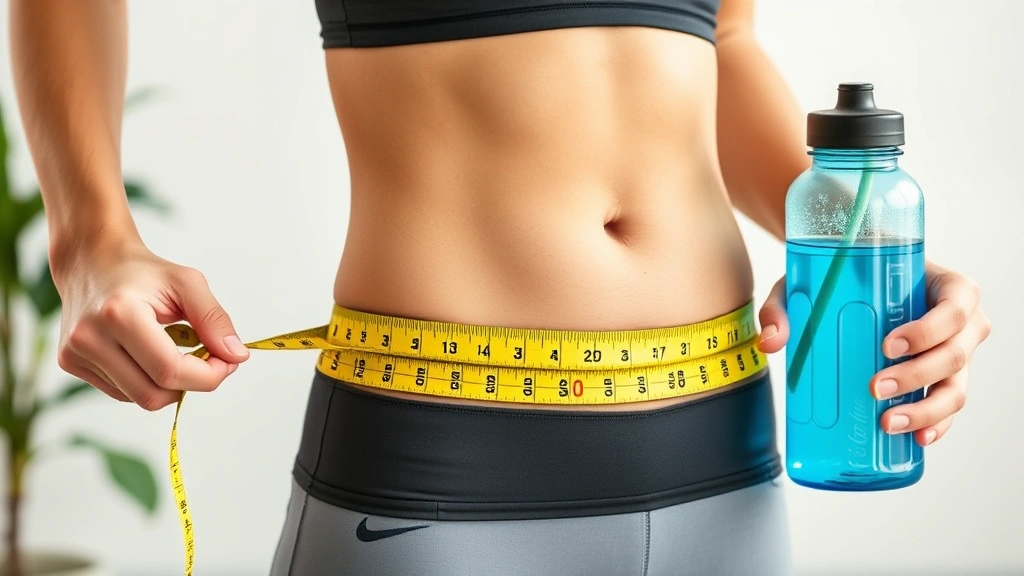 Person in athletic wear measuring waist circumference with measuring tape, holding fresh vegetables and water bottle, smiling and confident, representing healthy lifestyle change