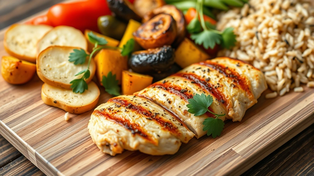 Close-up of nutritious meal components on wooden table including grilled chicken breast, roasted vegetables, whole grain rice, fresh herbs, natural lighting