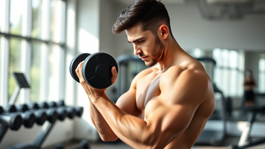 Fit person performing dumbbell exercise in bright modern gym with natural lighting, showing proper form and muscular engagement, professional fitness setting