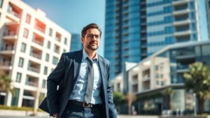 Professional businessman in business casual attire taking a brisk walk outdoors on a sunny day, appearing energetic and confident, modern urban setting with buildings in background