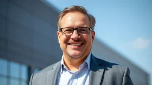 Professional middle-aged man in business attire smiling confidently outdoors, natural lighting, clear sky background, warm and approachable expression