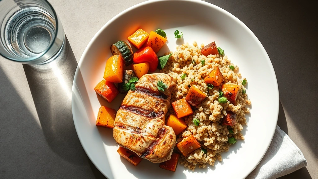 Overhead shot of a balanced meal plate featuring grilled chicken breast, colorful roasted vegetables, and quinoa, on a white plate with water glass beside it, natural lighting