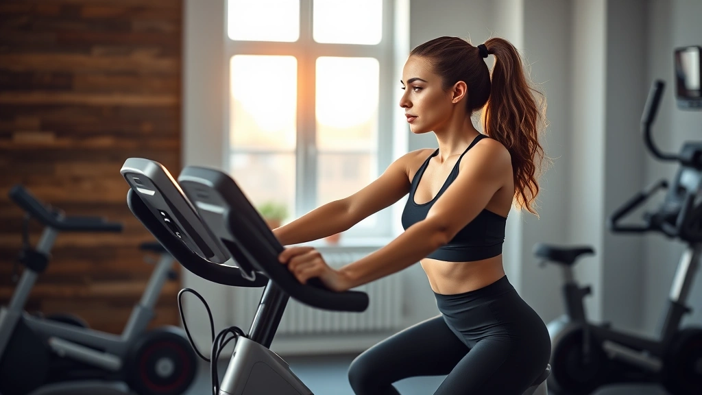 Woman in modern home gym doing exercise bike workout, wearing athletic wear, focused expression, bright natural light from window, contemporary fitness equipment visible
