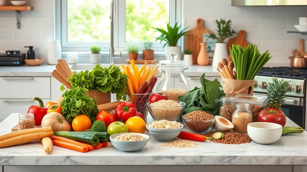 Modern kitchen workspace with fresh vegetables, whole grains, and healthy foods arranged on counter, natural lighting from window, balanced nutrition display